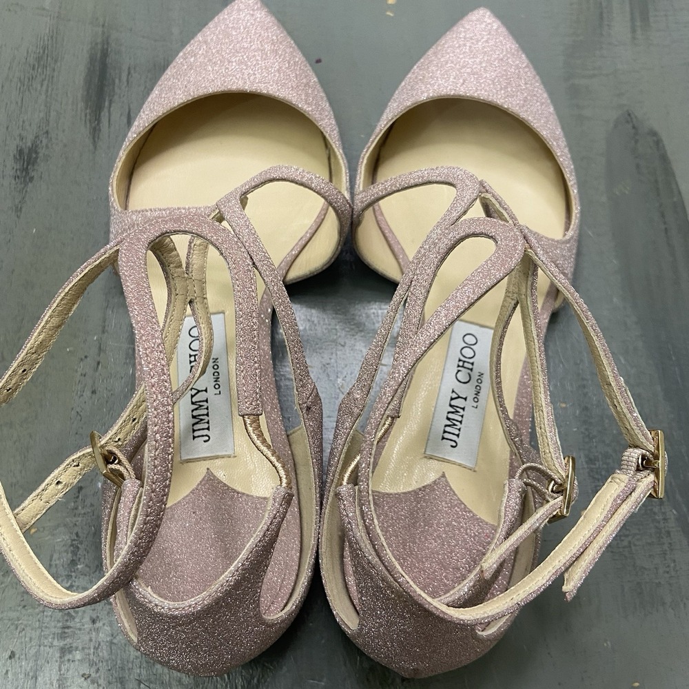 JIMMY CHOO Womens 38 Lancer Ballerina flat PinkGlitter Braided Strap Pointed Toe - Picture 7 of 9